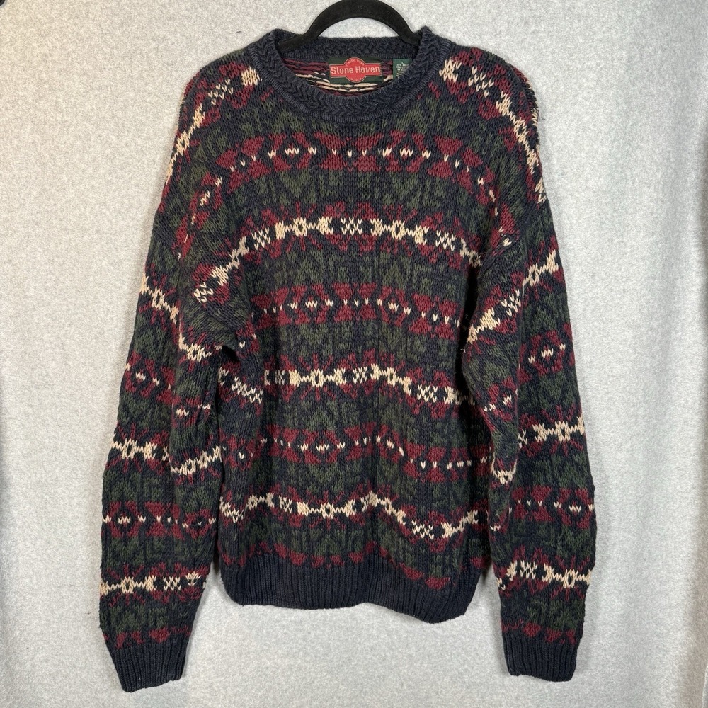 Vintage sweater‎ mens large stone haven cotton pullover knit green 90s